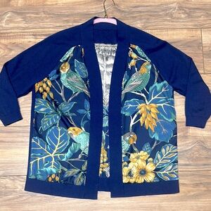Bird & Floral Patterned Blue silk and Moreno wool luxury woman’s Cardigan.